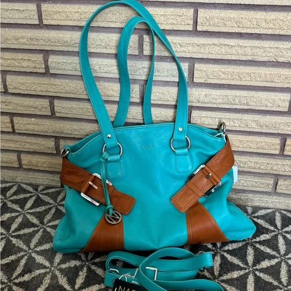Aqua/Camel Leather Bag - NEW - Nappa Leather Handbag - Leather Purse - Picture 10 of 15